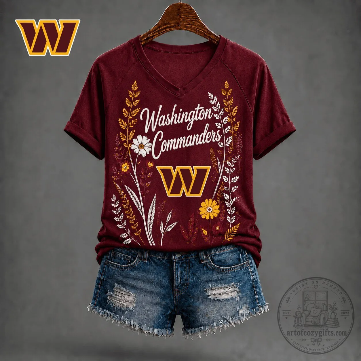 Washington Commanders Football Team Flower Logo V-Neck Short Sleeve T-Shirt