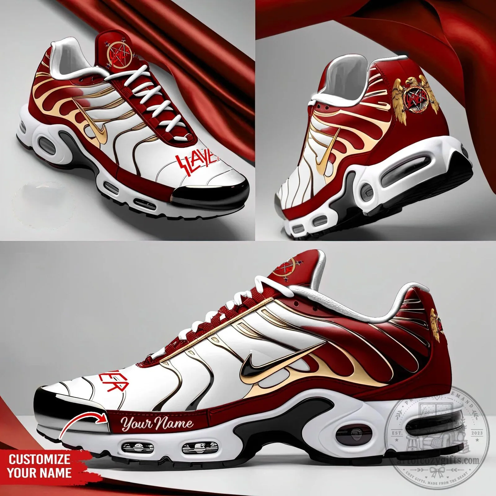 Slayer Band Heavy Metal Music Custom Name White and Red Sneakers