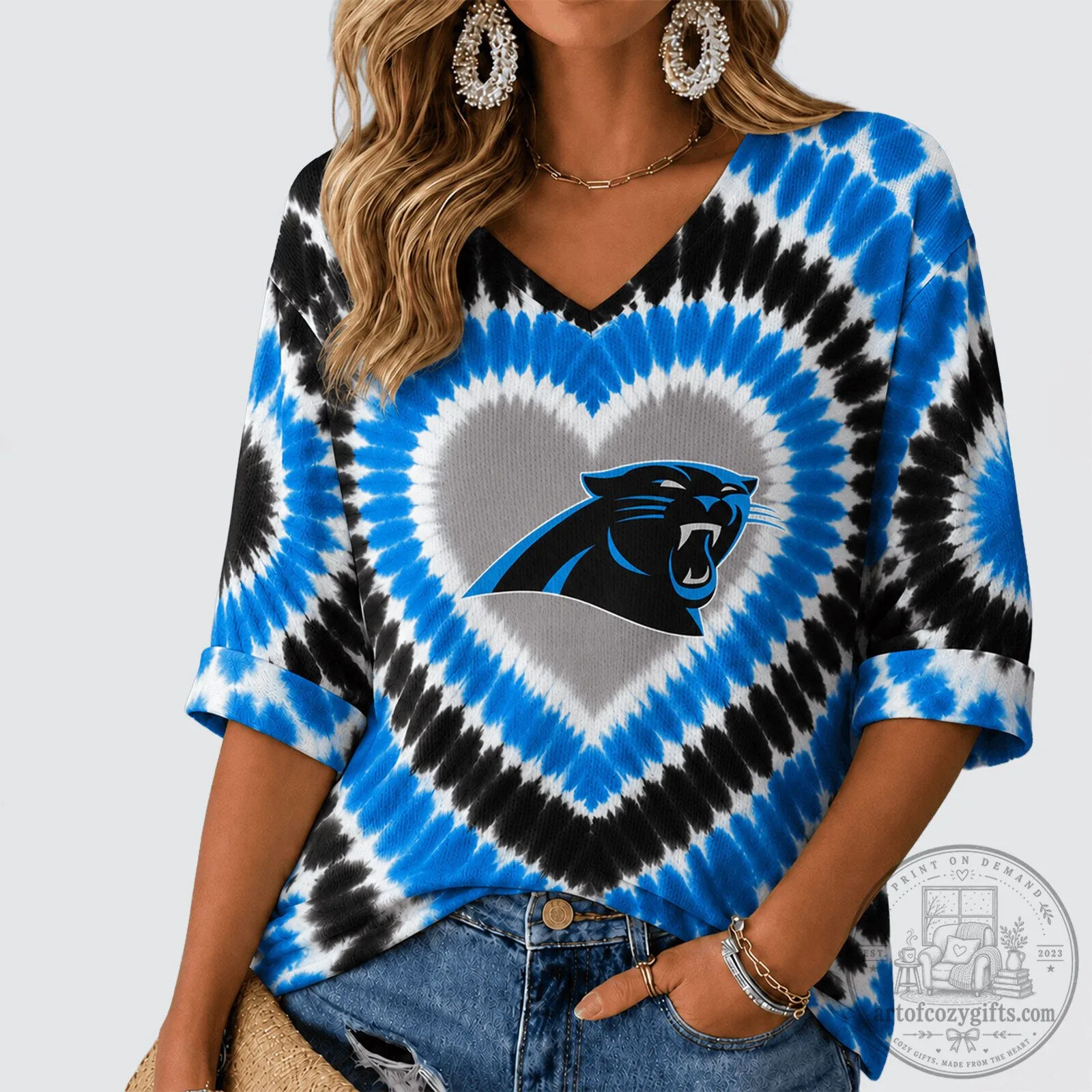 Carolina Panthers Tie Dye Heart Logo V-Neck Long Sleeve Shirt