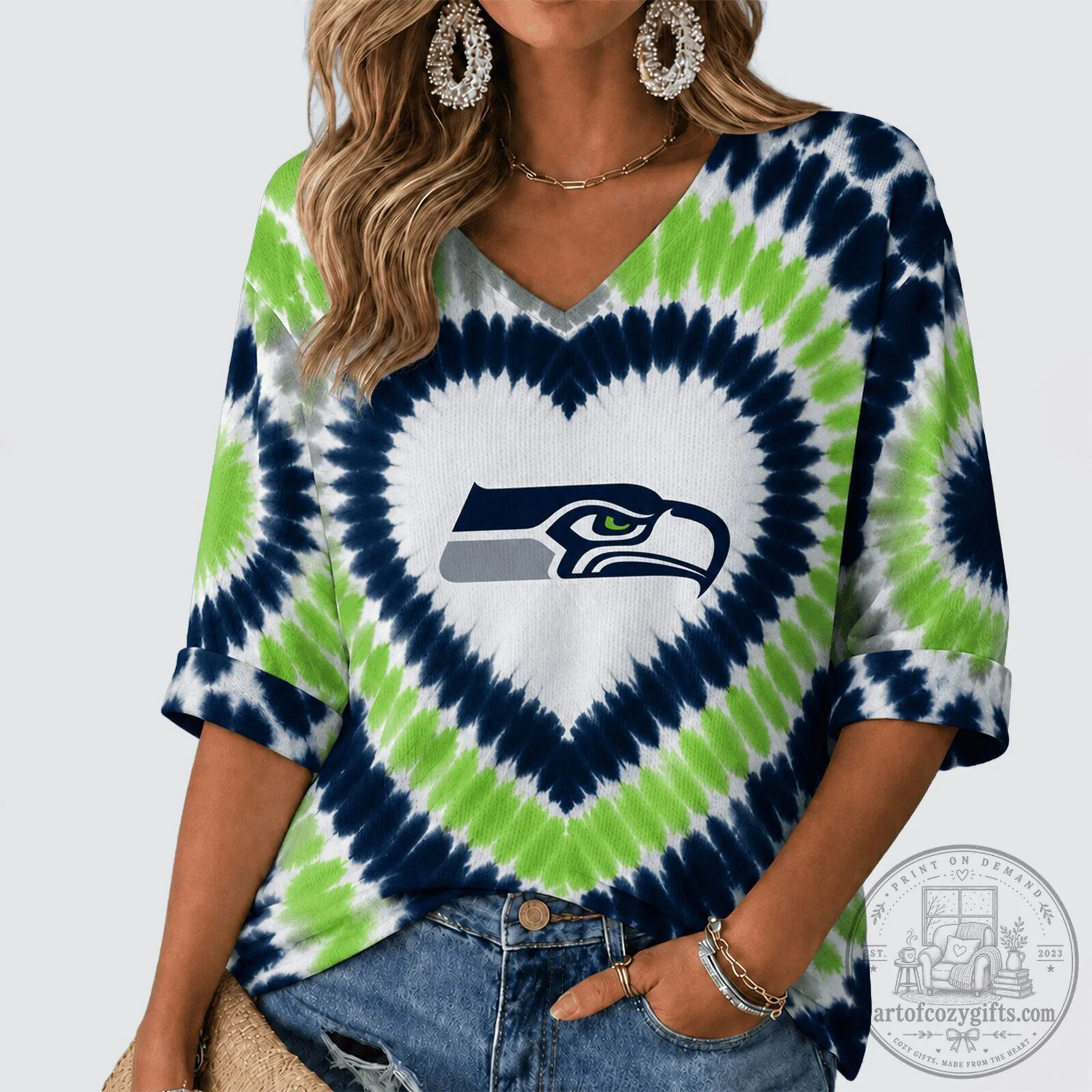 Seattle Seahawks Tie Dye Heart Logo V-Neck Three-Quarter Sleeve Shirt
