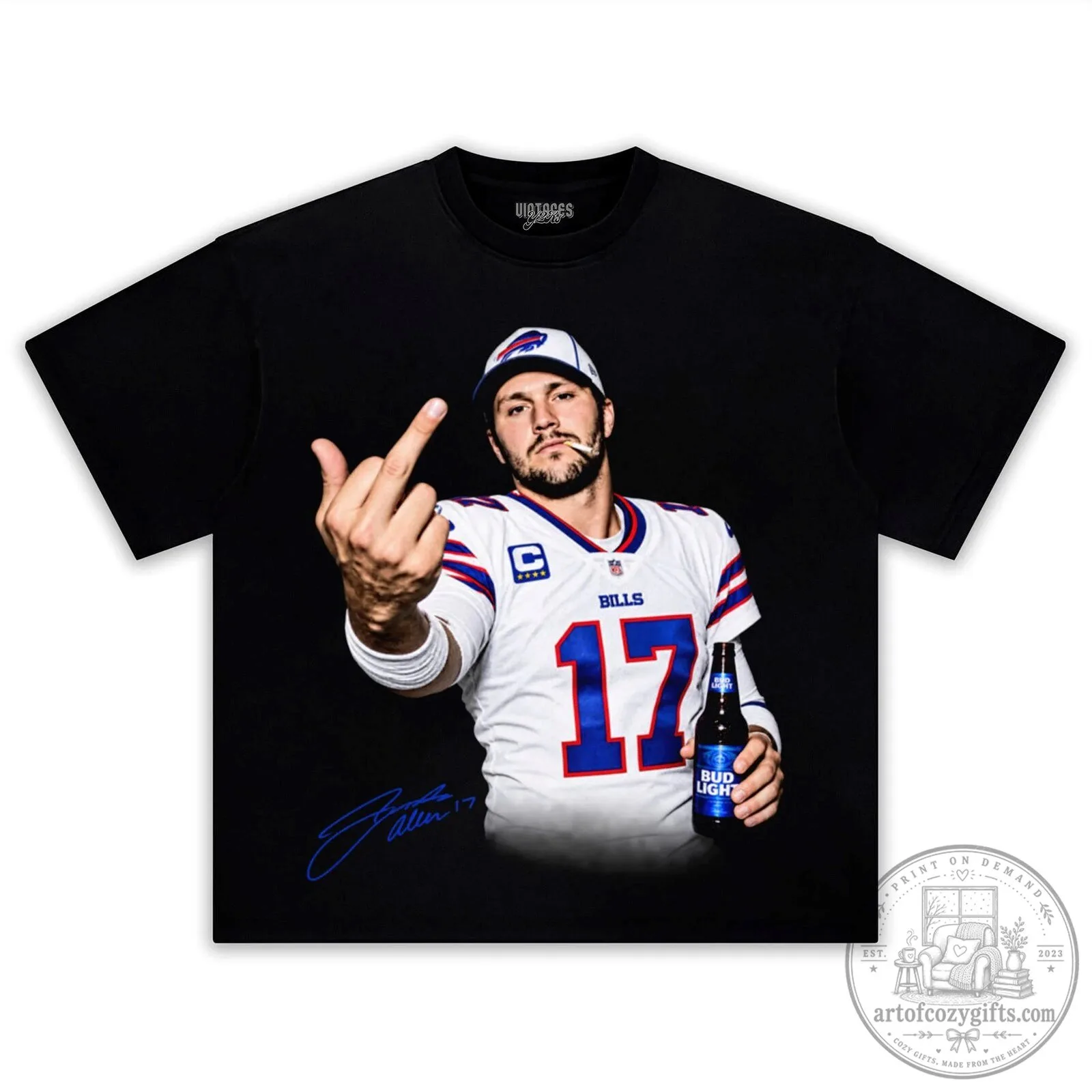 Buffalo Bills T-Shirt with Josh Allen's Middle Finger Graphic for Fans
