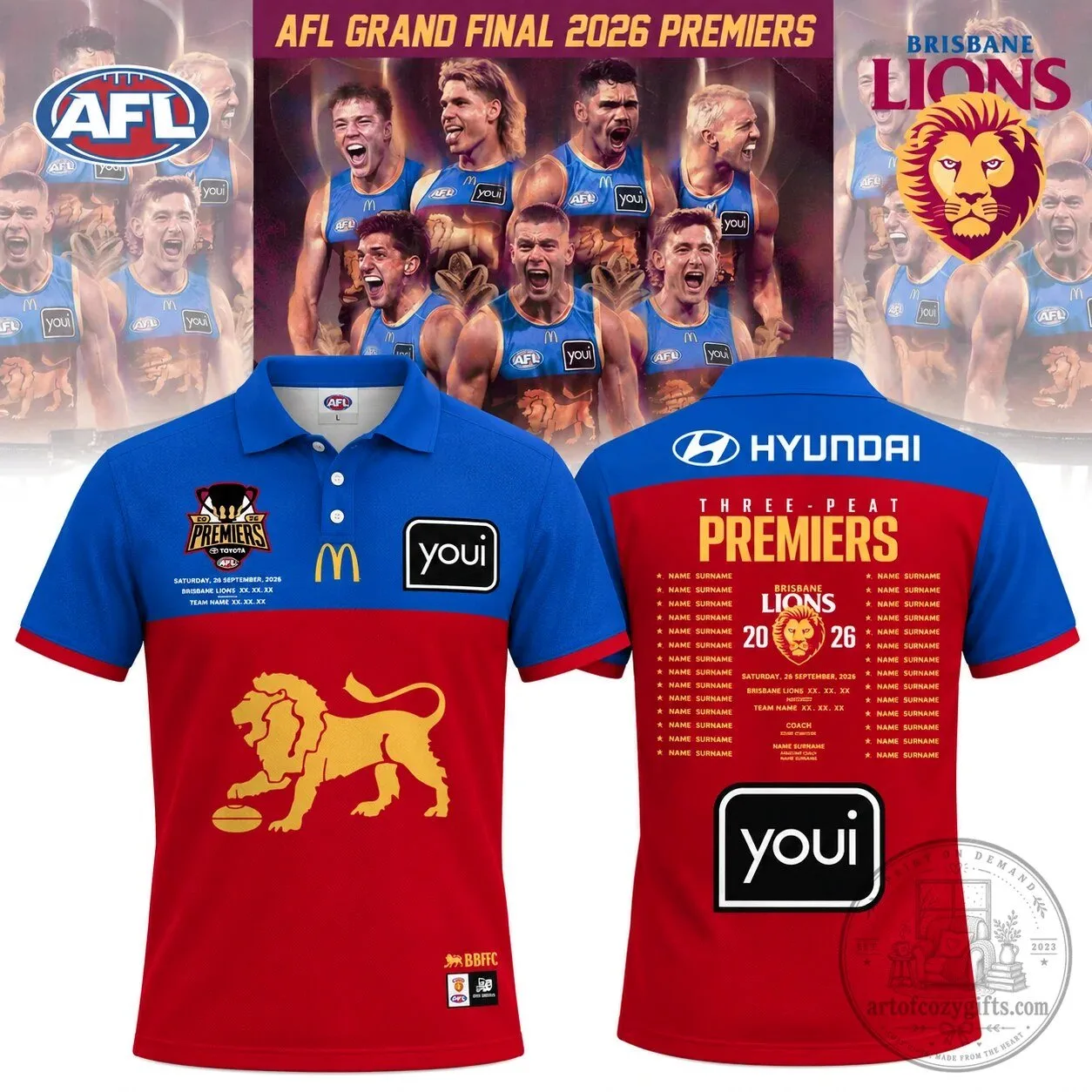 Brisbane Lions AFL Grand Final Three-Peat Premiers 2026 Polo Shirt