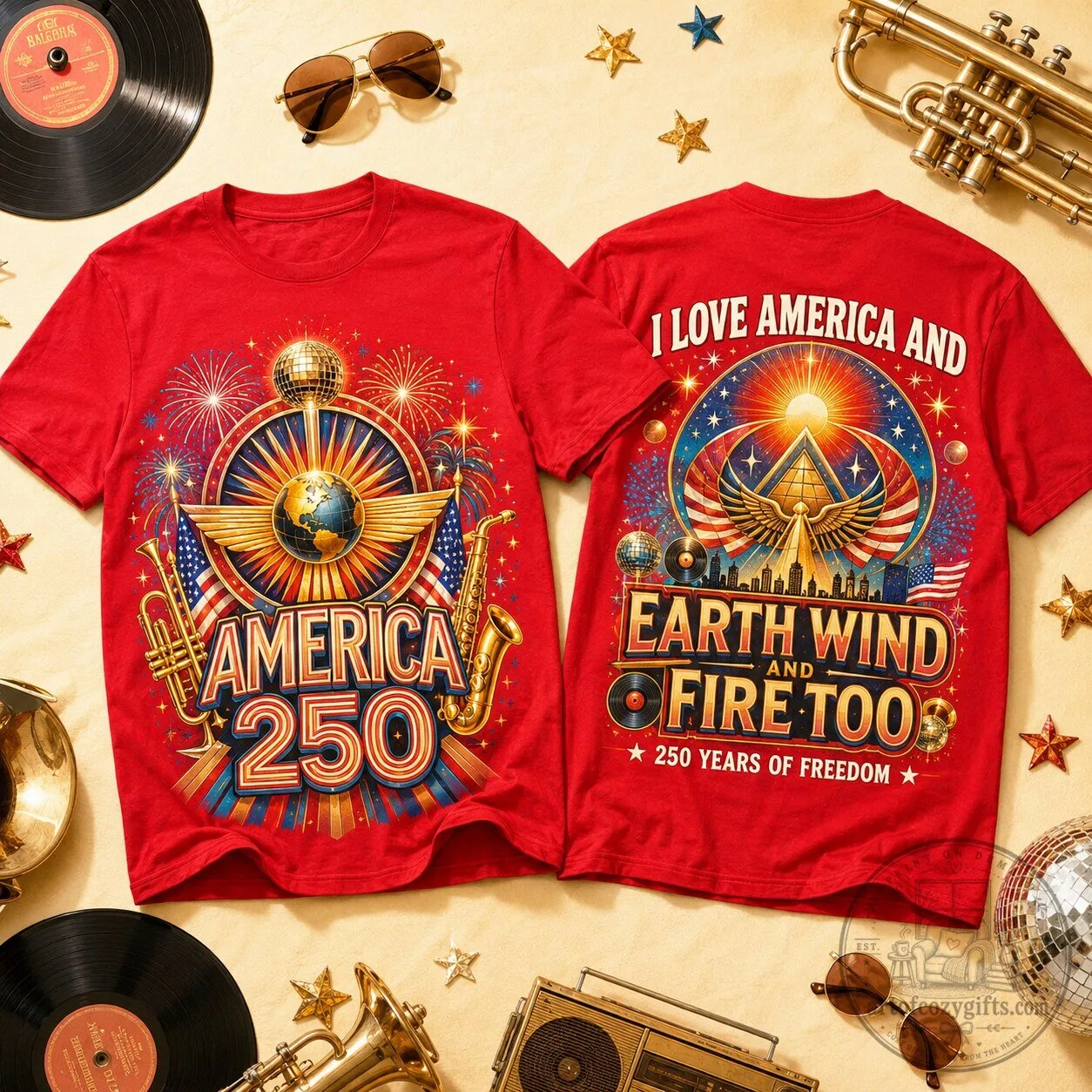 Earth Wind and Fire Too 250 Years of Freedom Patriotic Red T-Shirt