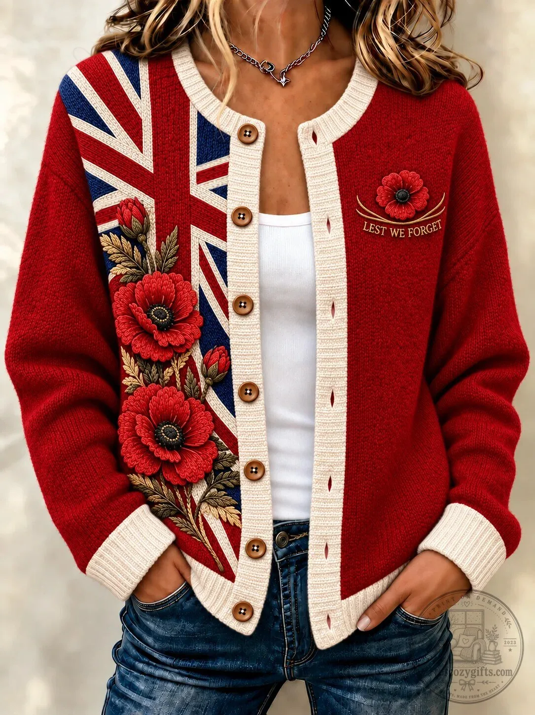 Remembrance Day Lest We Forget Poppy Flower United Kingdom Flag Cardigan