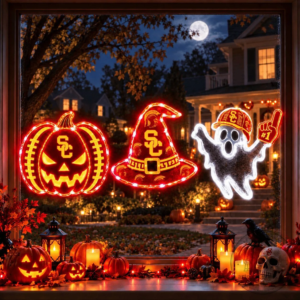 University of Southern California Trojans Halloween Pumpkin Ghost Witch Hat Window Lights