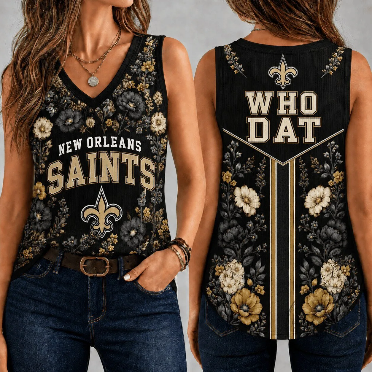 New Orleans Saints Floral Vintage Game Day Women's V-Neck Tank Top