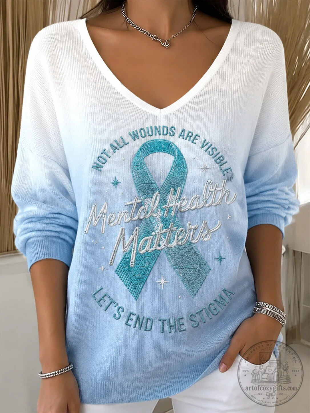 Mental Health Awareness Gradient V-Neck Long Sleeve Shirt