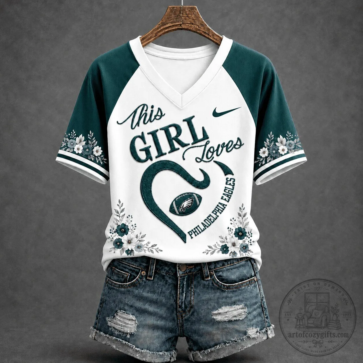Philadelphia Eagles Football This Girl Loves Floral V-Neck T-Shirt