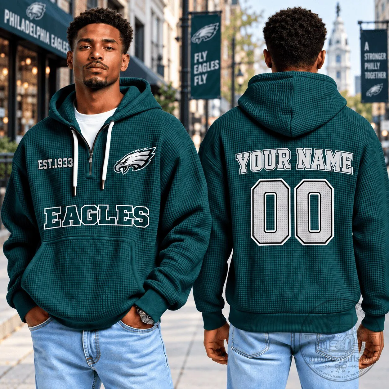 Philadelphia Eagles Football Fan Waffle Quarter Zip Hoodie