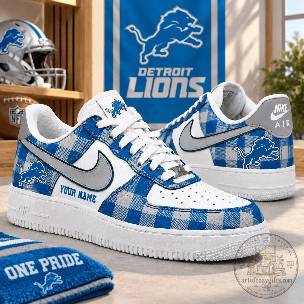 Detroit Lions Blue Plaid Personalized Low Top Sneakers