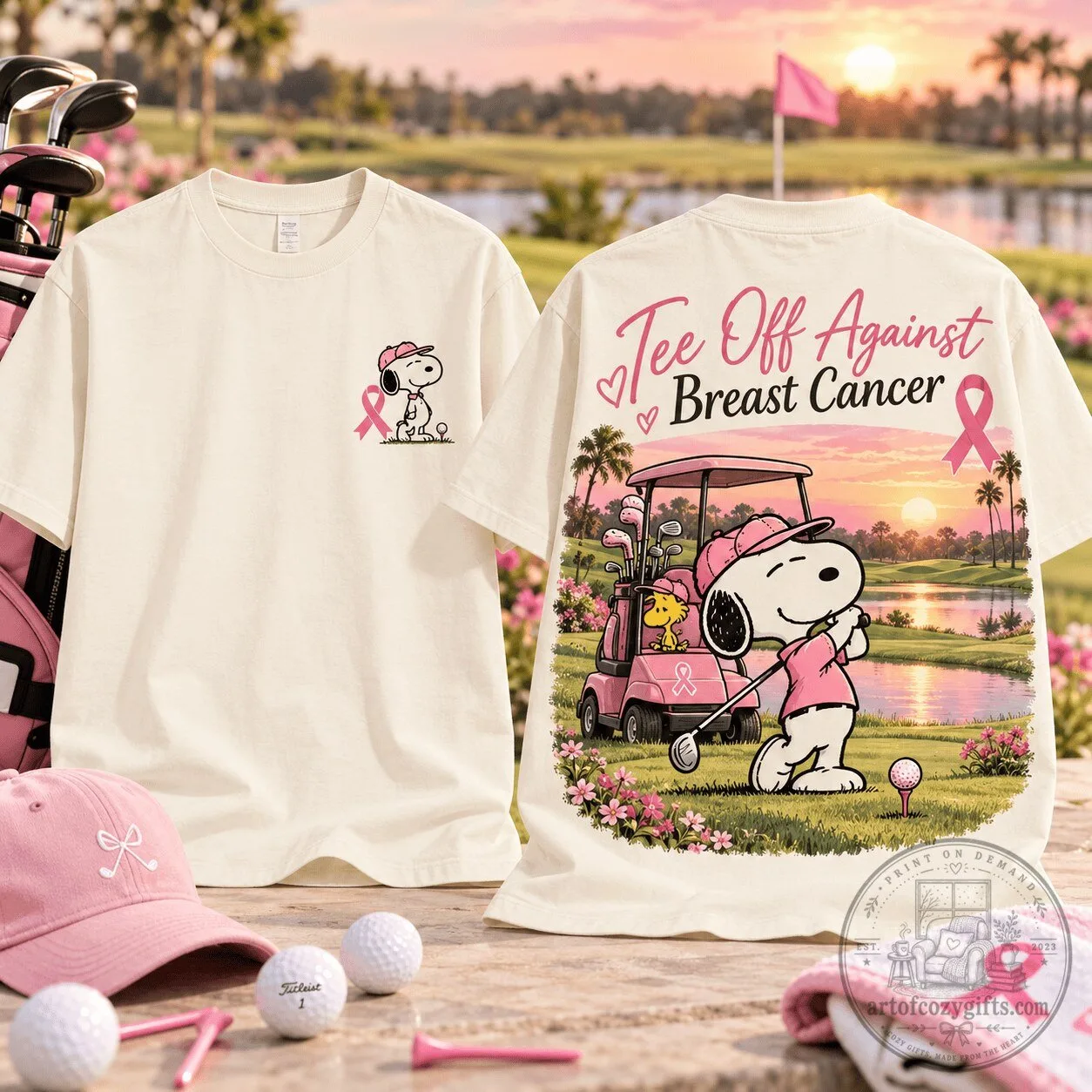Snoopy Tee Off Against Breast Cancer Pink Ribbon Awareness T-Shirt