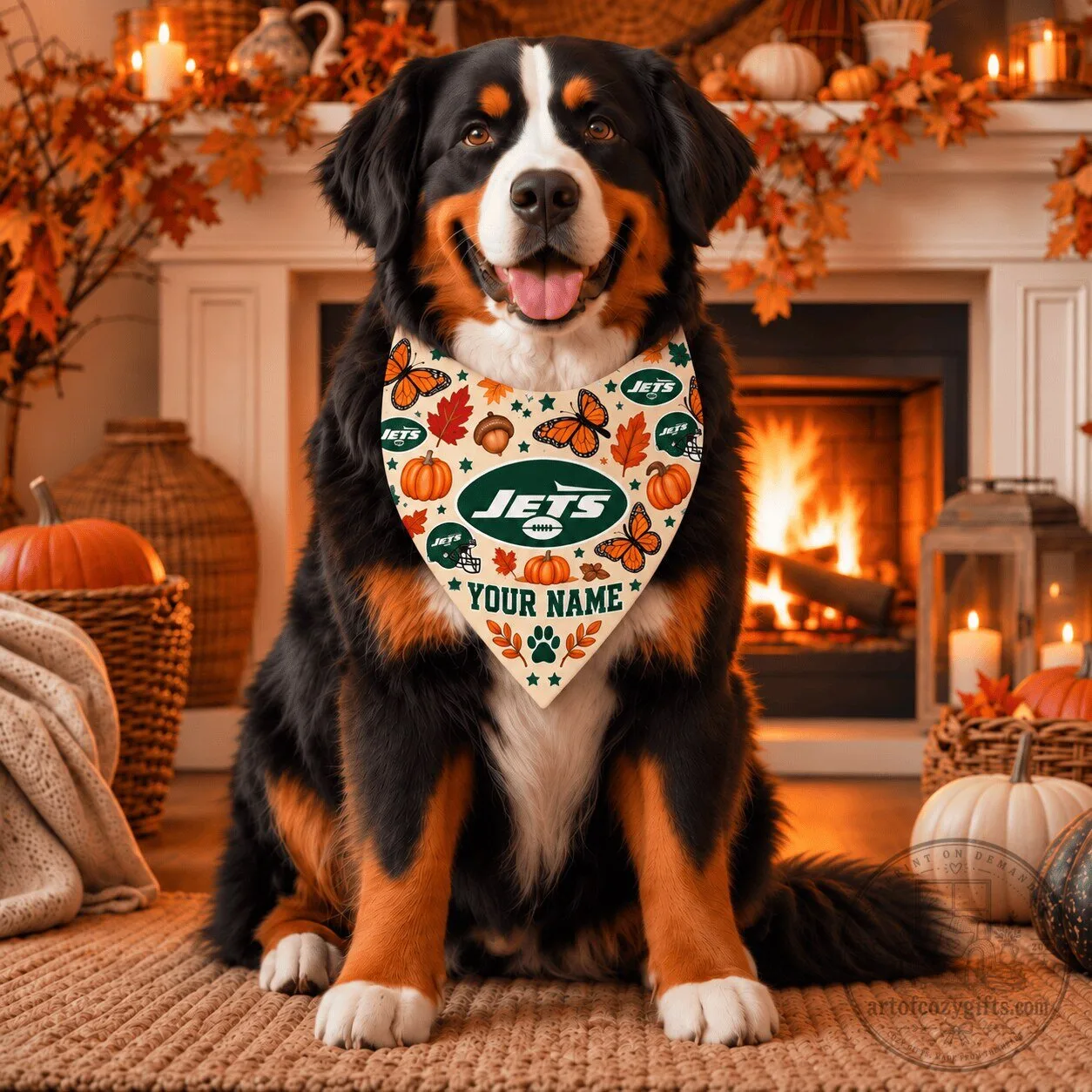 New York Jets Personalized Autumn Leaves and Butterflies Pet Bandana