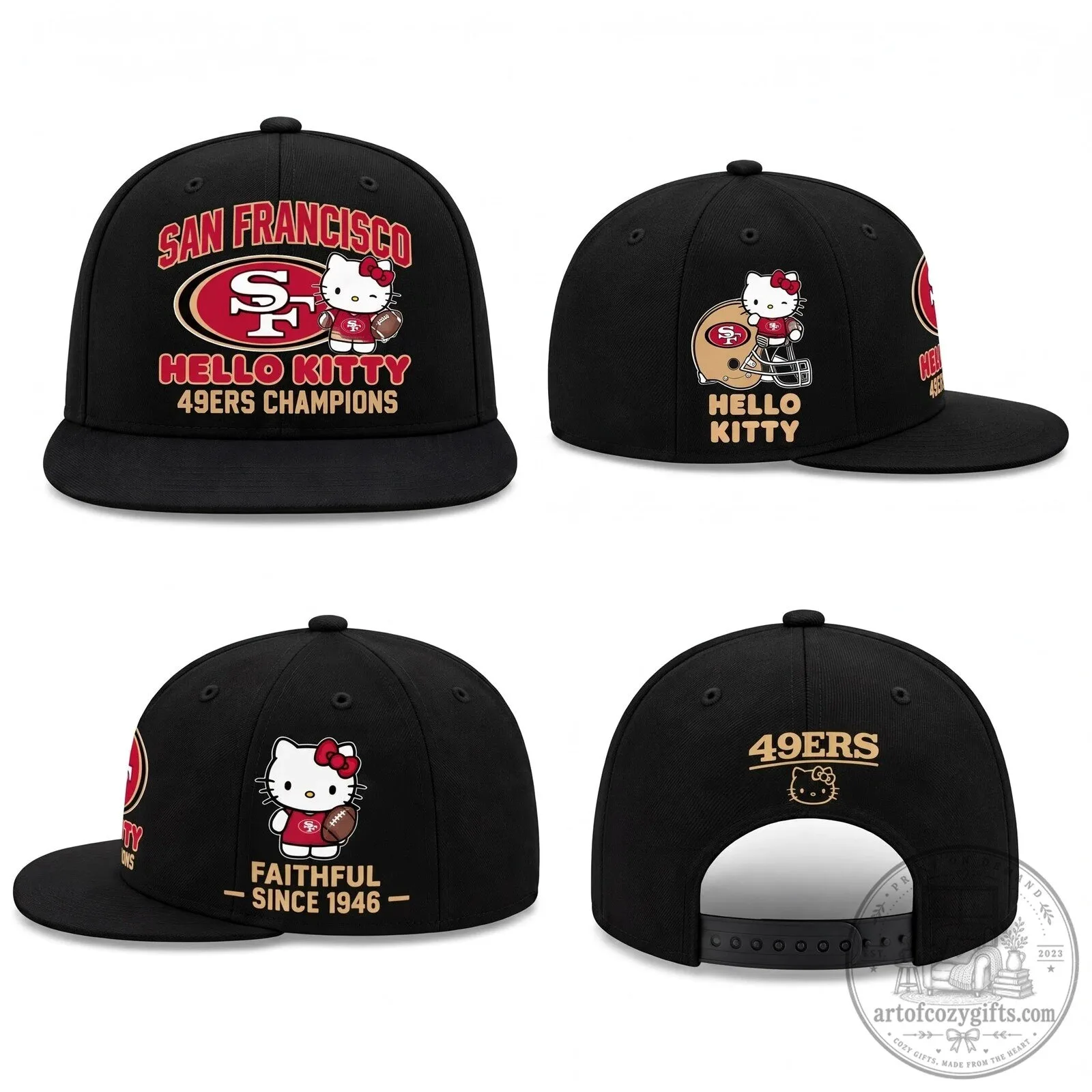 San Francisco 49ers Hello Kitty Champions Black Flat Bill Snapback Cap Hat