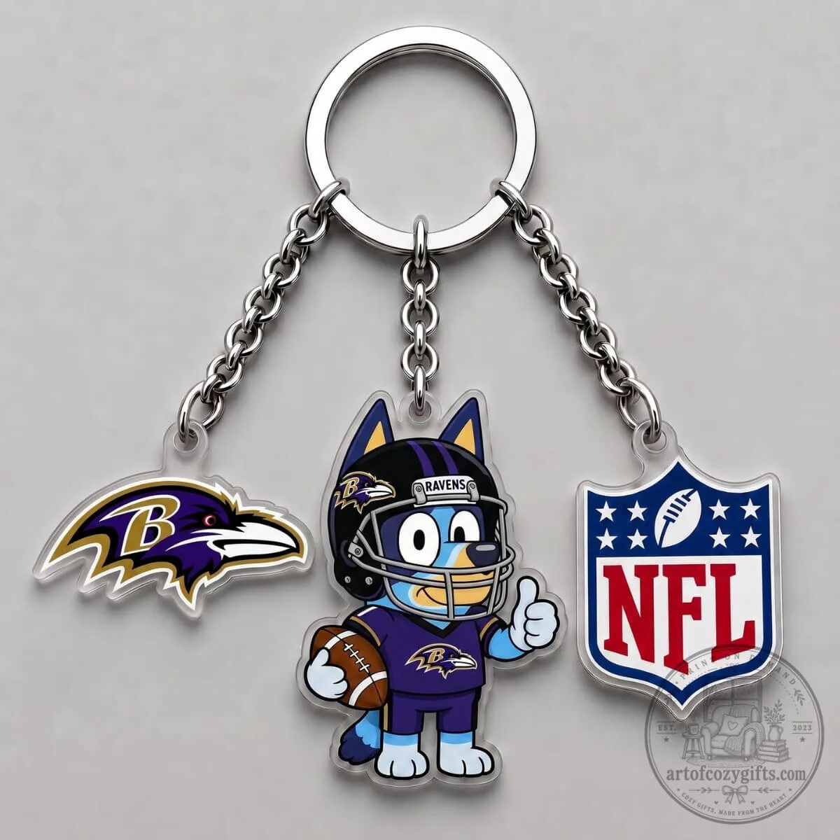 Baltimore Ravens Bluey Football Player and NFL Shield Triple Charm Keychain