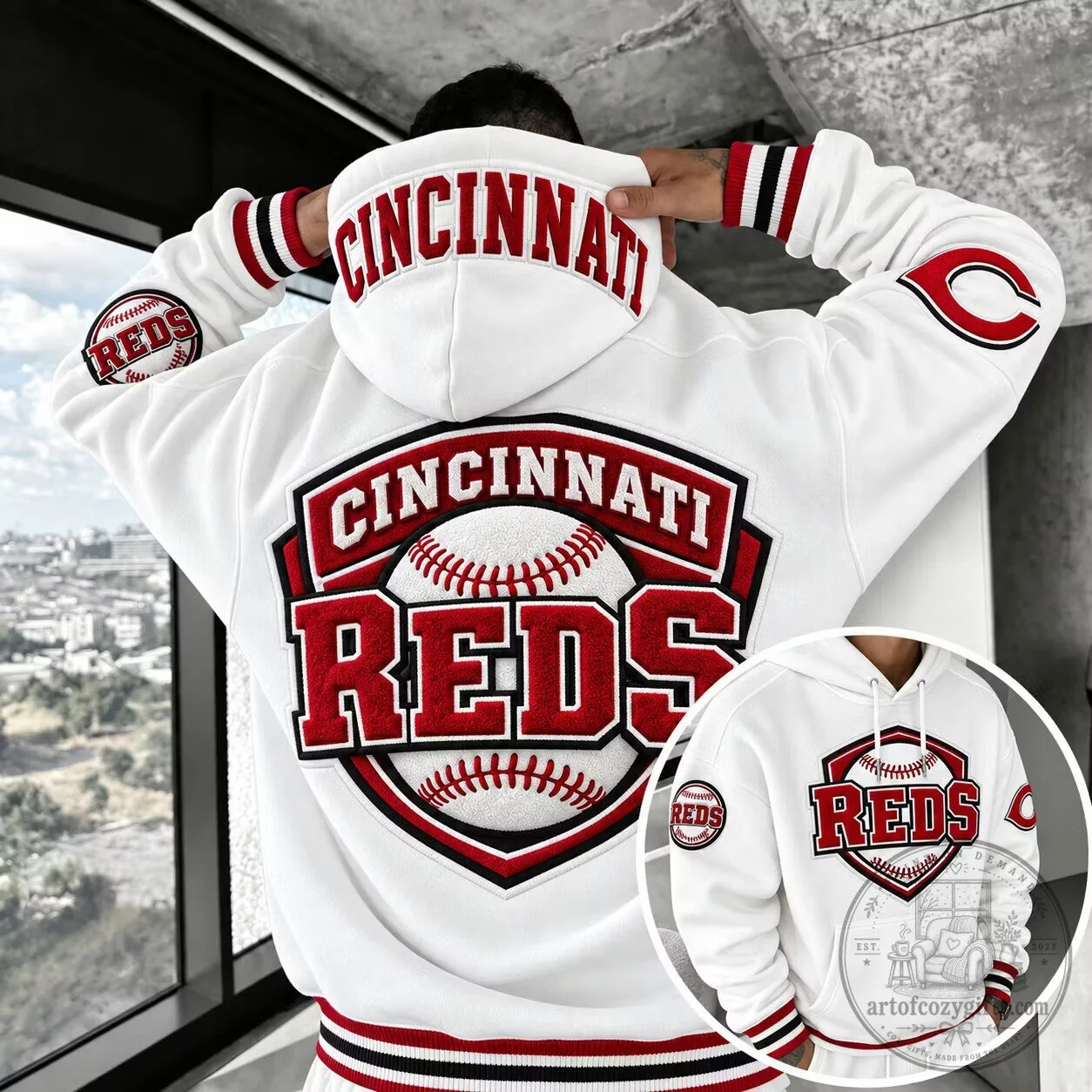 Cincinnati Reds Baseball Team Logo White Fan Hoodie