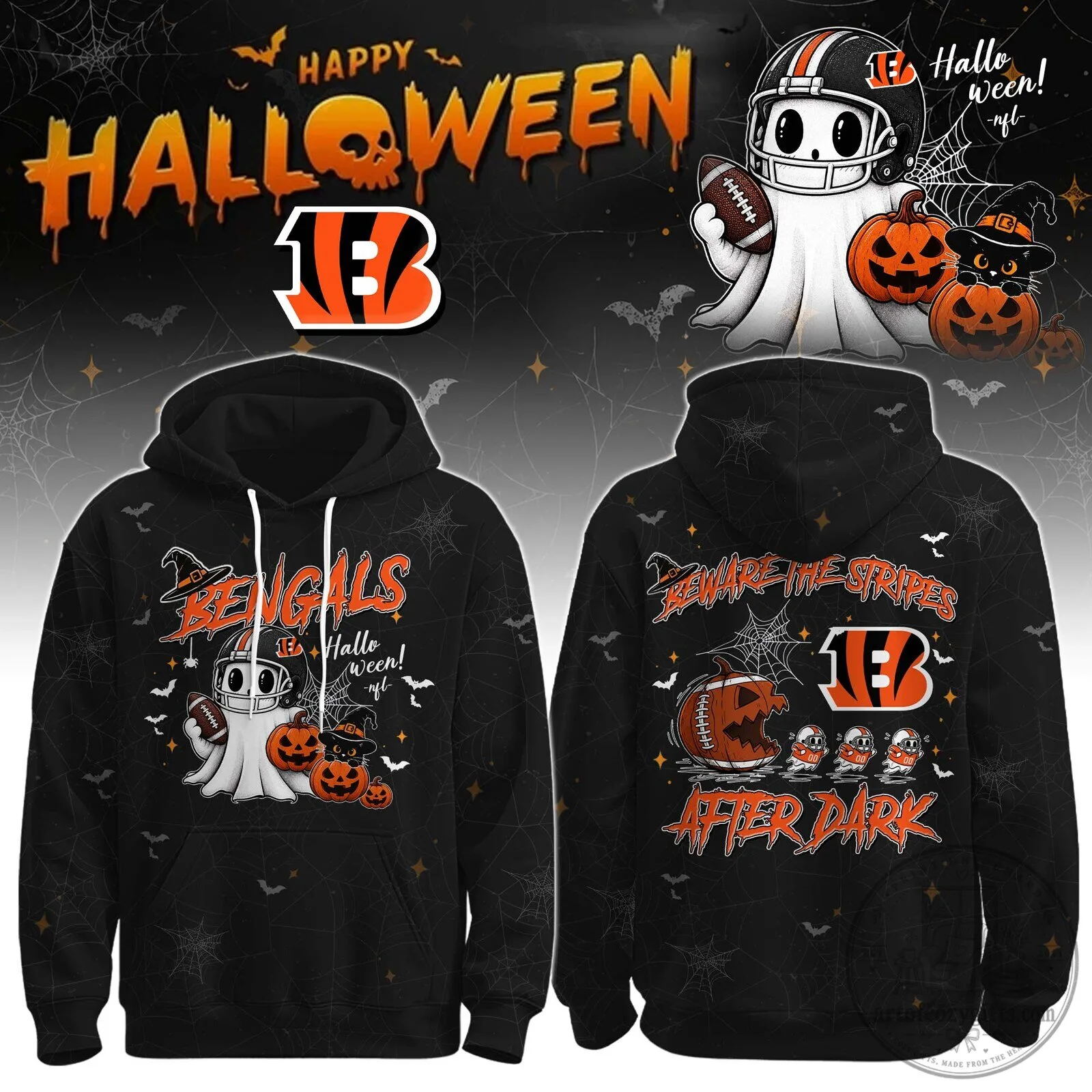 Cincinnati Bengals Halloween Ghost Football Player Beware The Stripes After Dark Hoodie