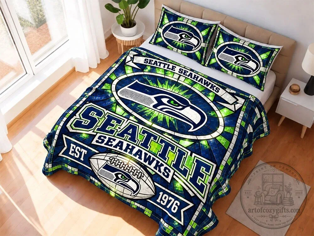 Seattle Seahawks Stained Glass Pattern Quilt Bedding Set