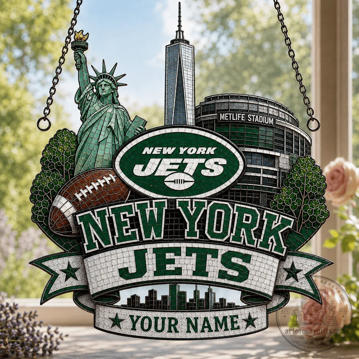 New York Jets NFL Football Team Stained Glass Window Hanging Suncatcher
