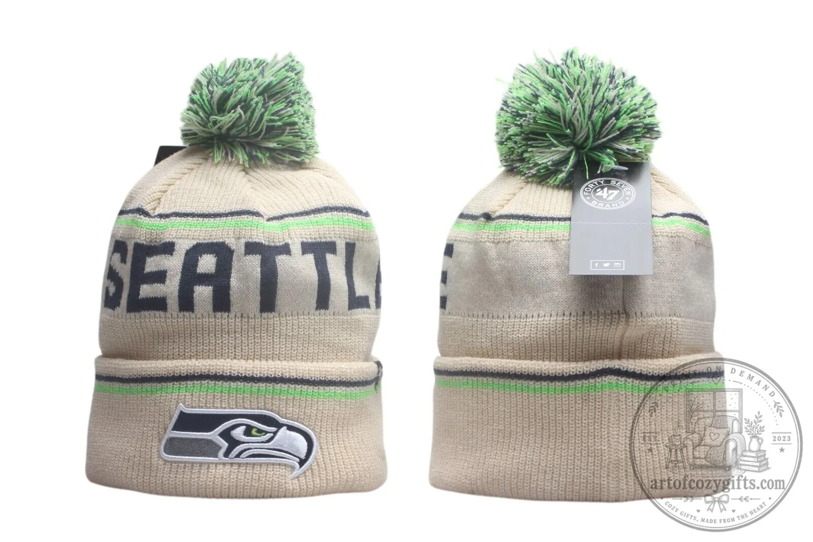Seattle Seahawks Embroidered Patch Cuffed Knit Pom Beanie Hat
