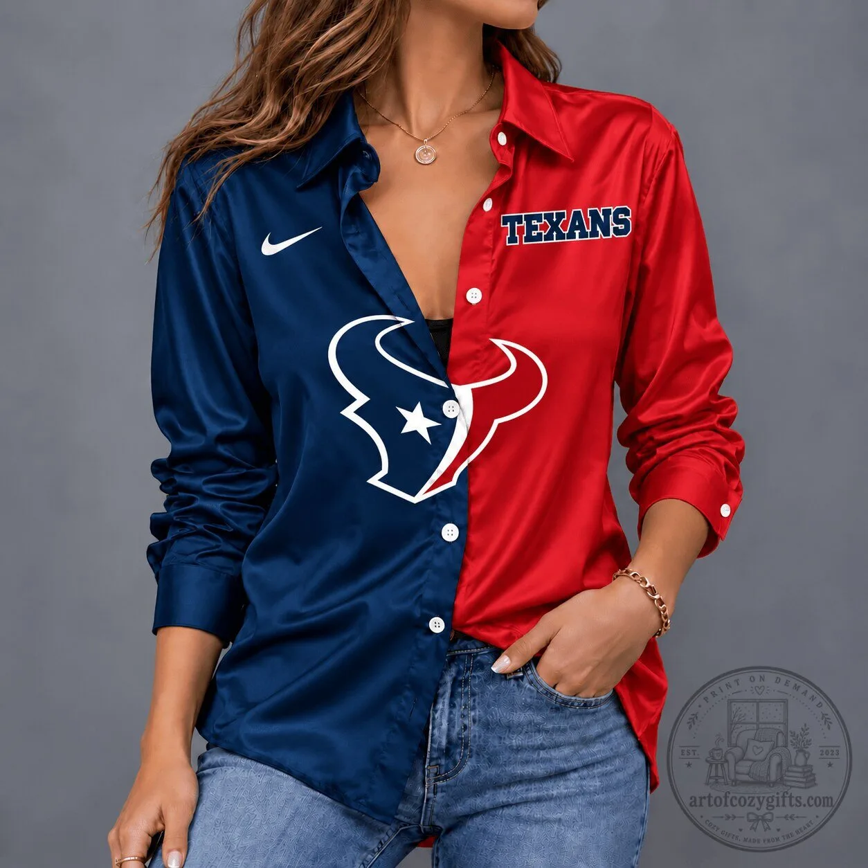 Houston Texans NFL Team Spirit Split Color Button Down Long Sleeve Shirt