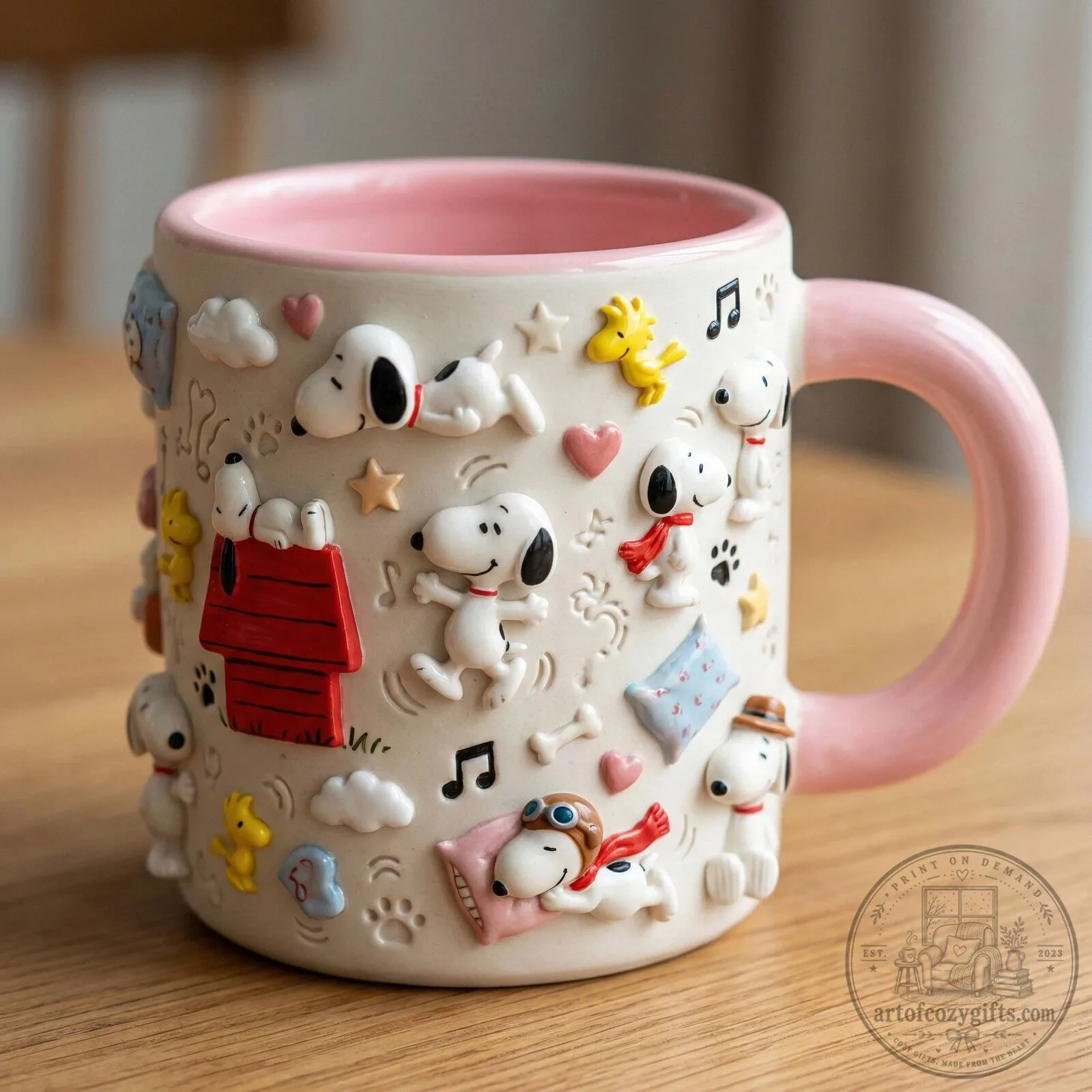 Snoopy Peanuts Cartoon Character Embossed Design Pink Handle Coffee Mug