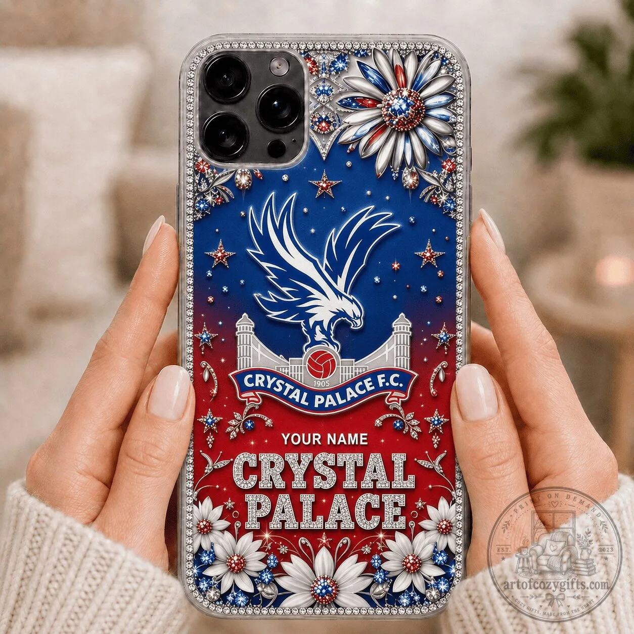 Crystal Palace Football Club Custom Name Red White Blue Sparkle Phone Case