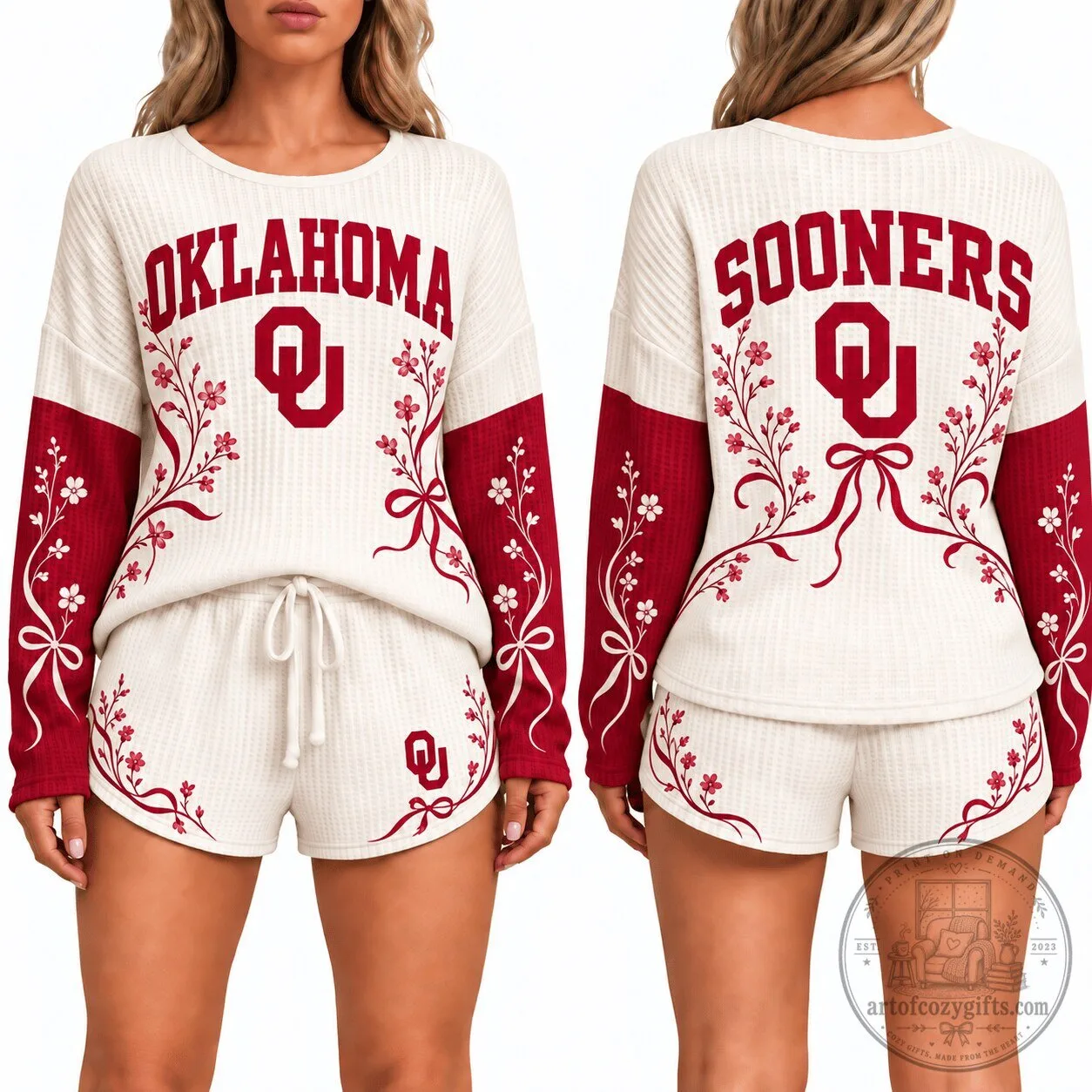 Oklahoma Sooners Women's Waffle Knit Pajamas Set with Floral Design