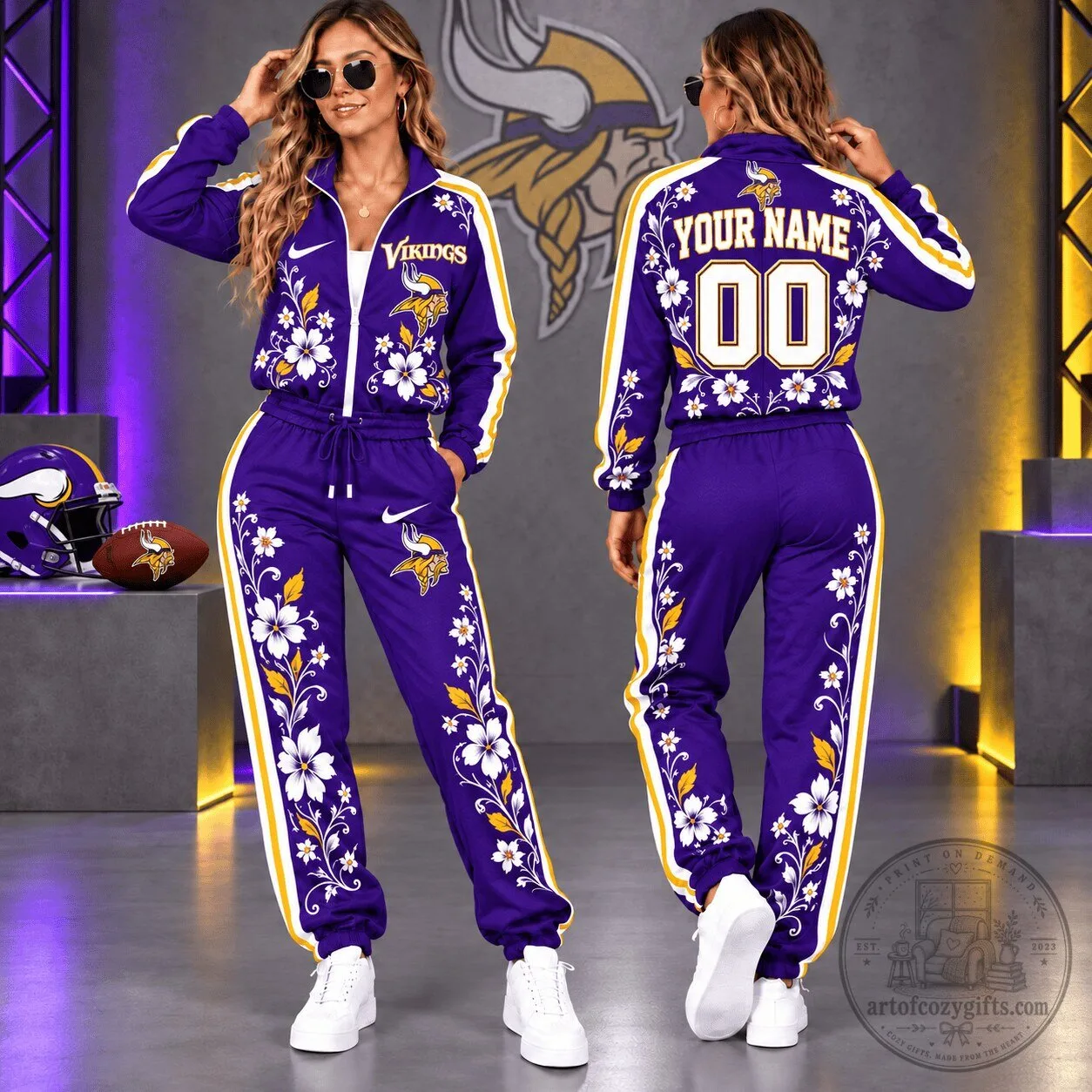 Minnesota Vikings Custom Name and Number Floral Design Tracksuit Set