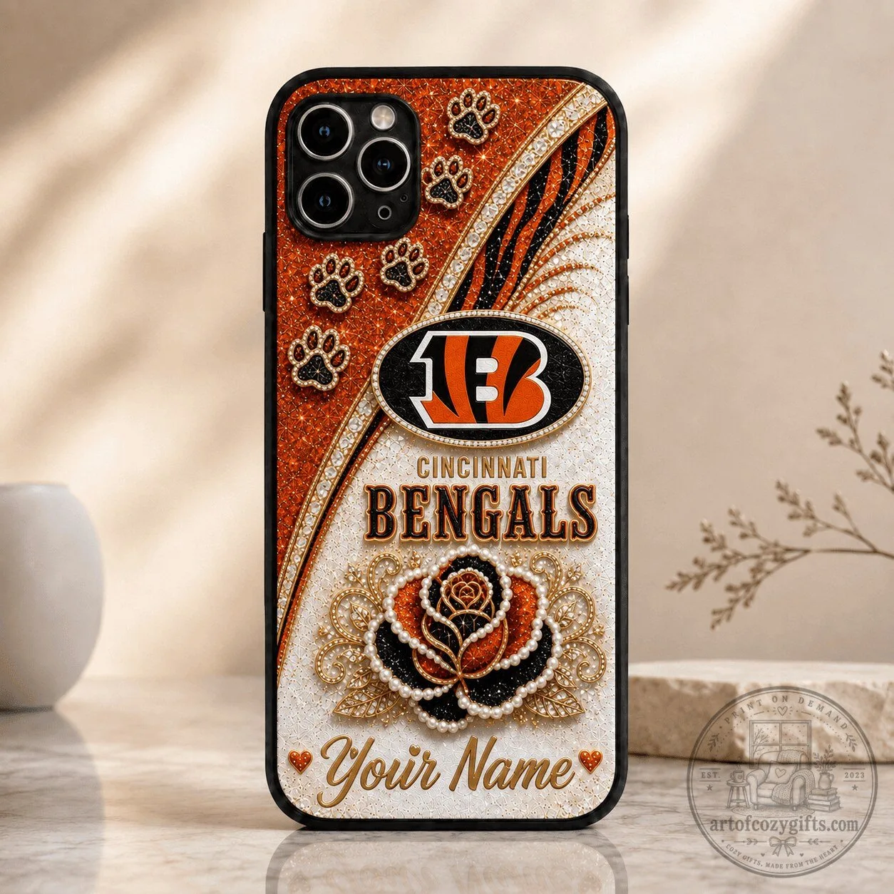 Cincinnati Bengals Personalized Glitter Paw Print Rose Design Phone Case