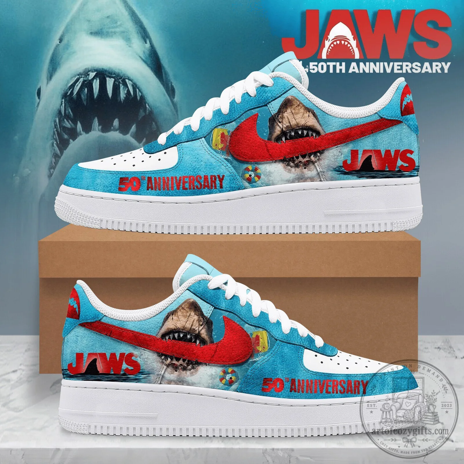 Jaws 50th Anniversary Movie Poster Themed Custom Printed Sneakers