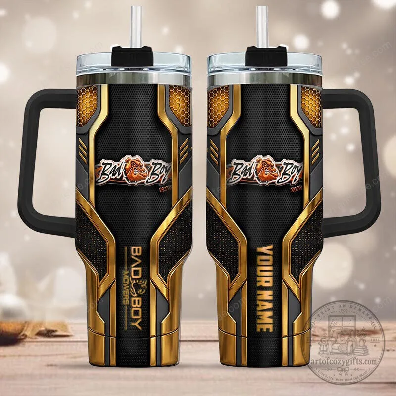 Bad Boy Mowers Black and Gold Personalized Tumbler with Handle