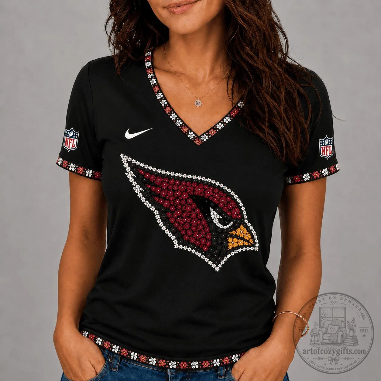 Arizona Cardinals National Football League Flower Logo V-Neck Short Sleeve T-Shirt