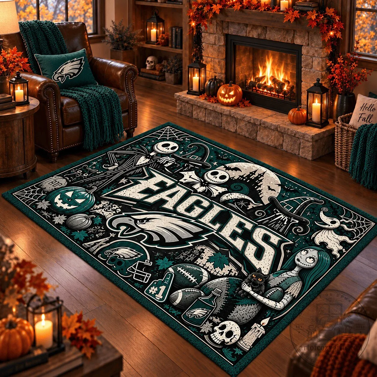 Philadelphia Eagles Halloween Jack Skellington Sally Nightmare Before Christmas Rug