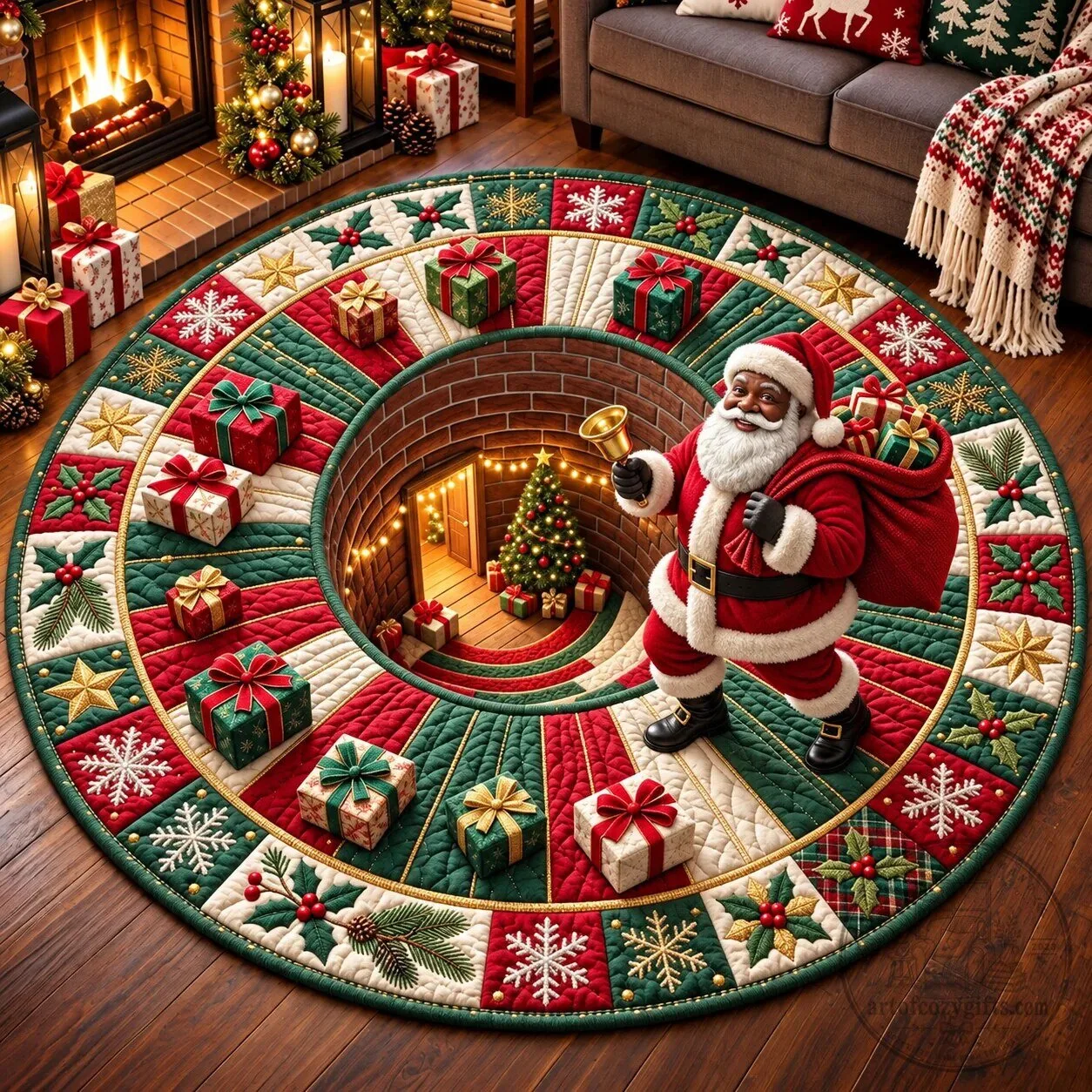 Melanin Santa Village Christmas Holiday Quilted Round Floor Mat