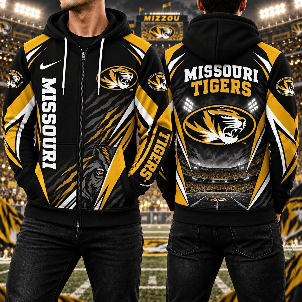 Missouri Tigers NCAA Football Team Black and Gold Full-Zip Hoodie
