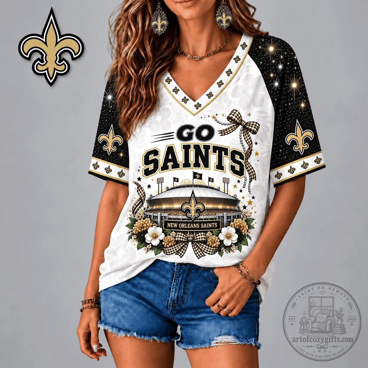 New Orleans Saints Football Team Patriotic Floral Bow V-Neck T-Shirt