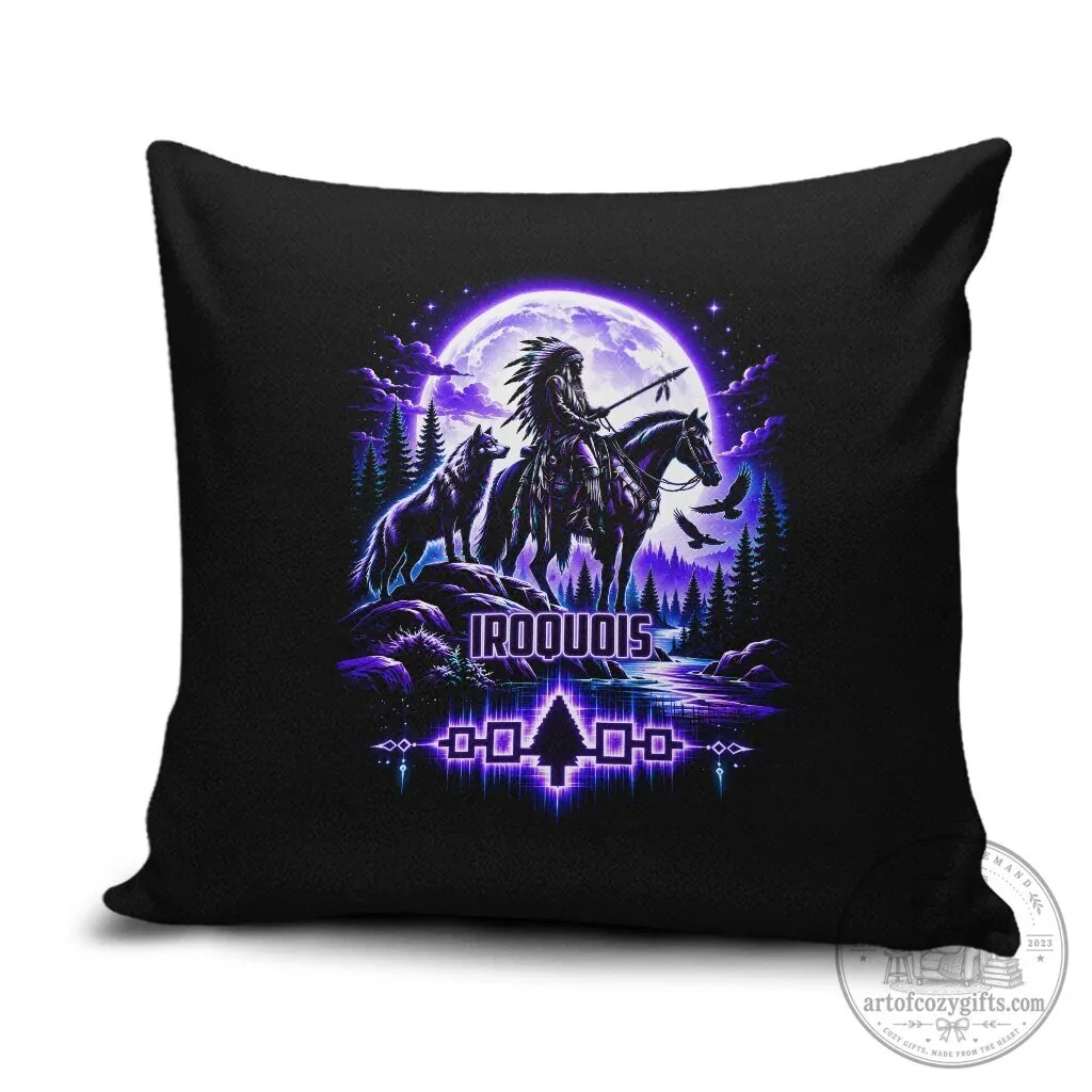 Iroquois Native American Warrior Wolf Moon Tribal Art Black Throw Pillow