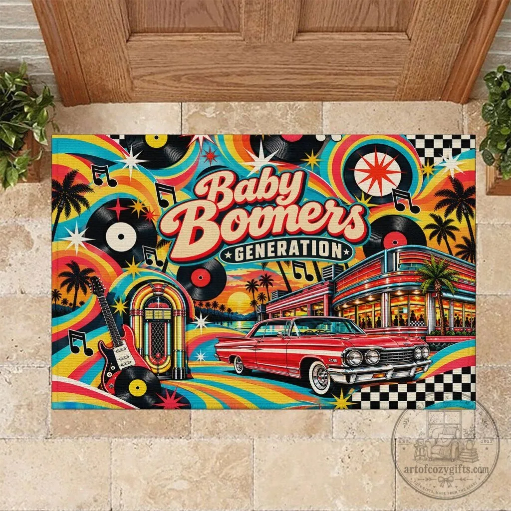 Baby Boomers Generation Retro Diner Classic Car Vinyl Records Doormat