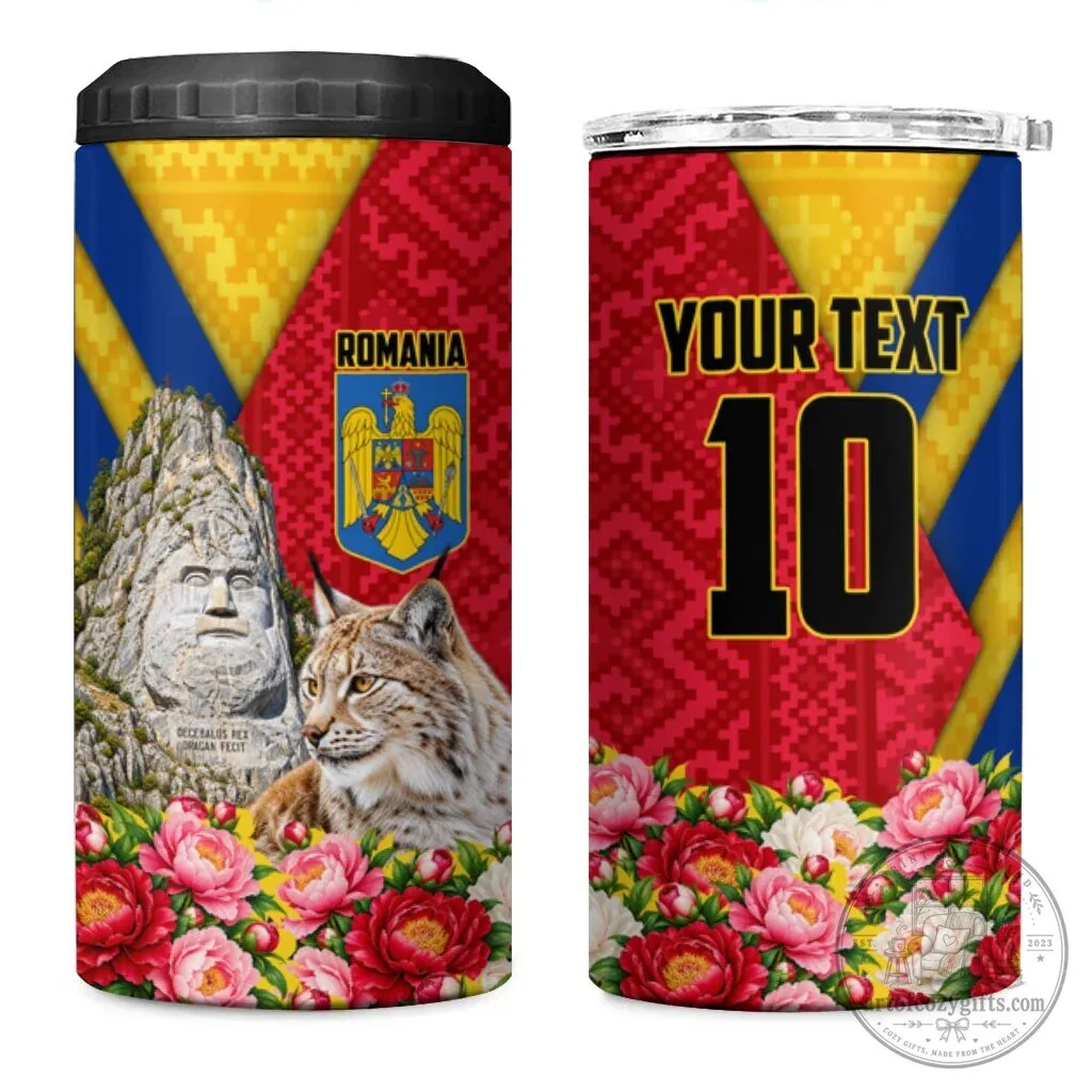 Romania Lynx Decebalus Rex Peony Floral Pattern Personalized Can Cooler Tumbler