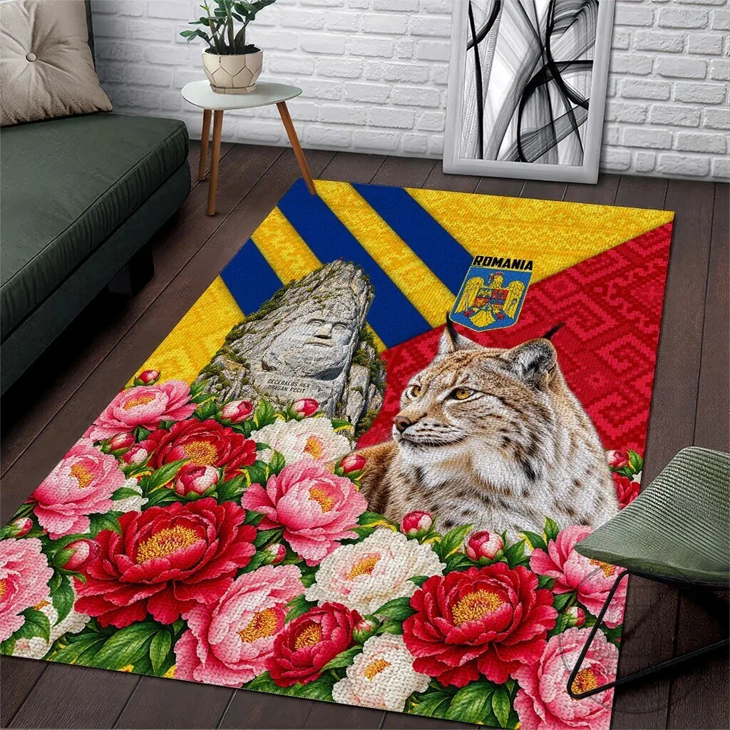 Romania Lynx and Decebalus Rex Area Rug with Traditional Peony Floral Motifs
