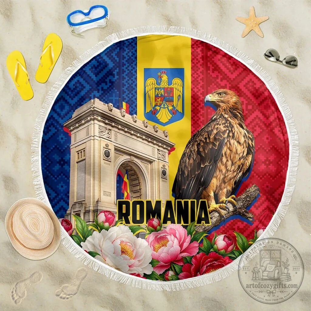 Romania Eagle and Arcul de Triumf Beach Blanket with Peony Floral Motifs