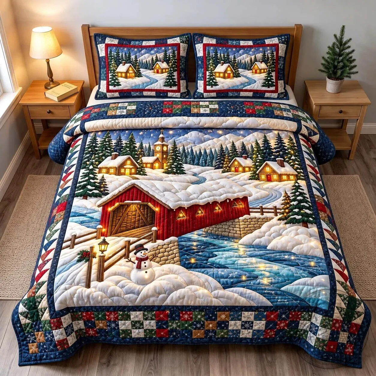 Winter Snowy Covered Bridge Christmas Quilted Bedding Set with Pillow Shams