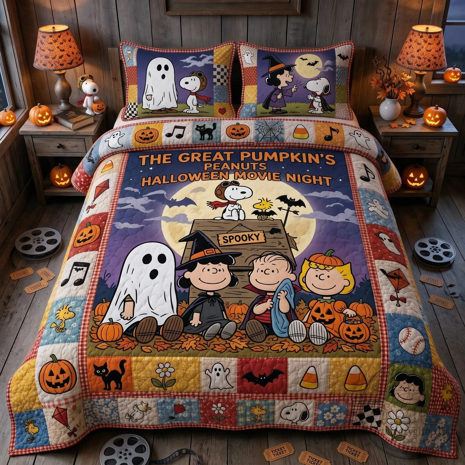 Peanuts Great Pumpkin Halloween Movie Night Quilt Bedding Set