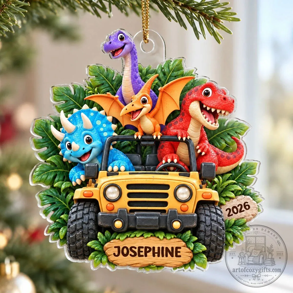 Personalized Dinosaur Adventure Jeep Christmas Tree Ornament Gift