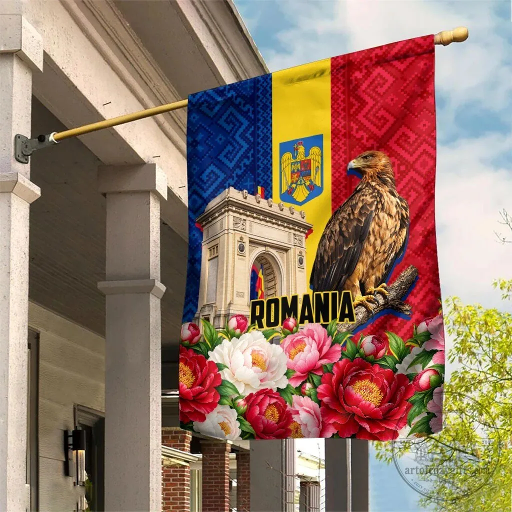 Romania Eagle Arcul de Triumf Traditional Folk Peony Floral Garden Flag