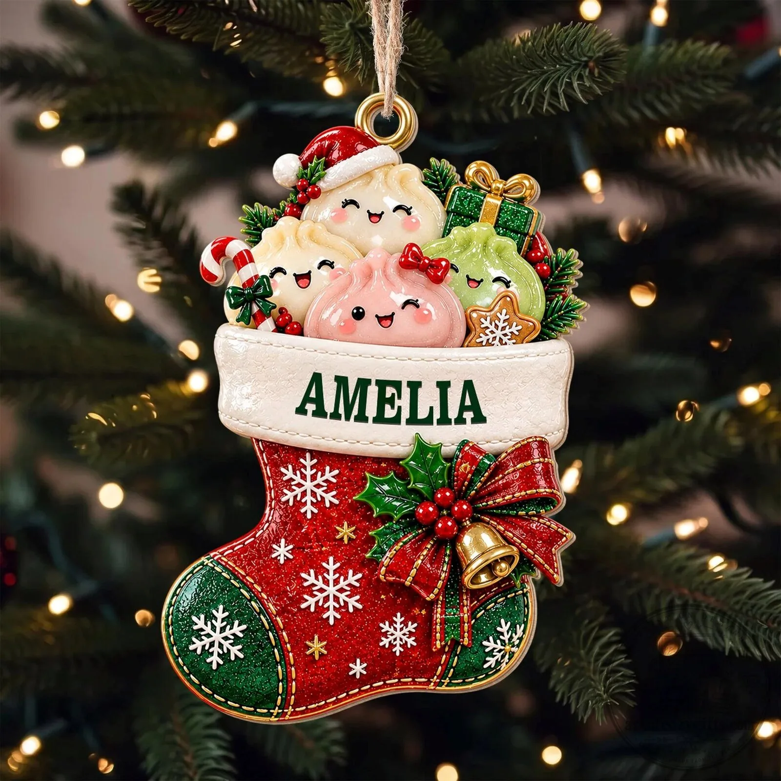 Personalized Christmas Stocking with Dumpling Characters Holiday Ornament