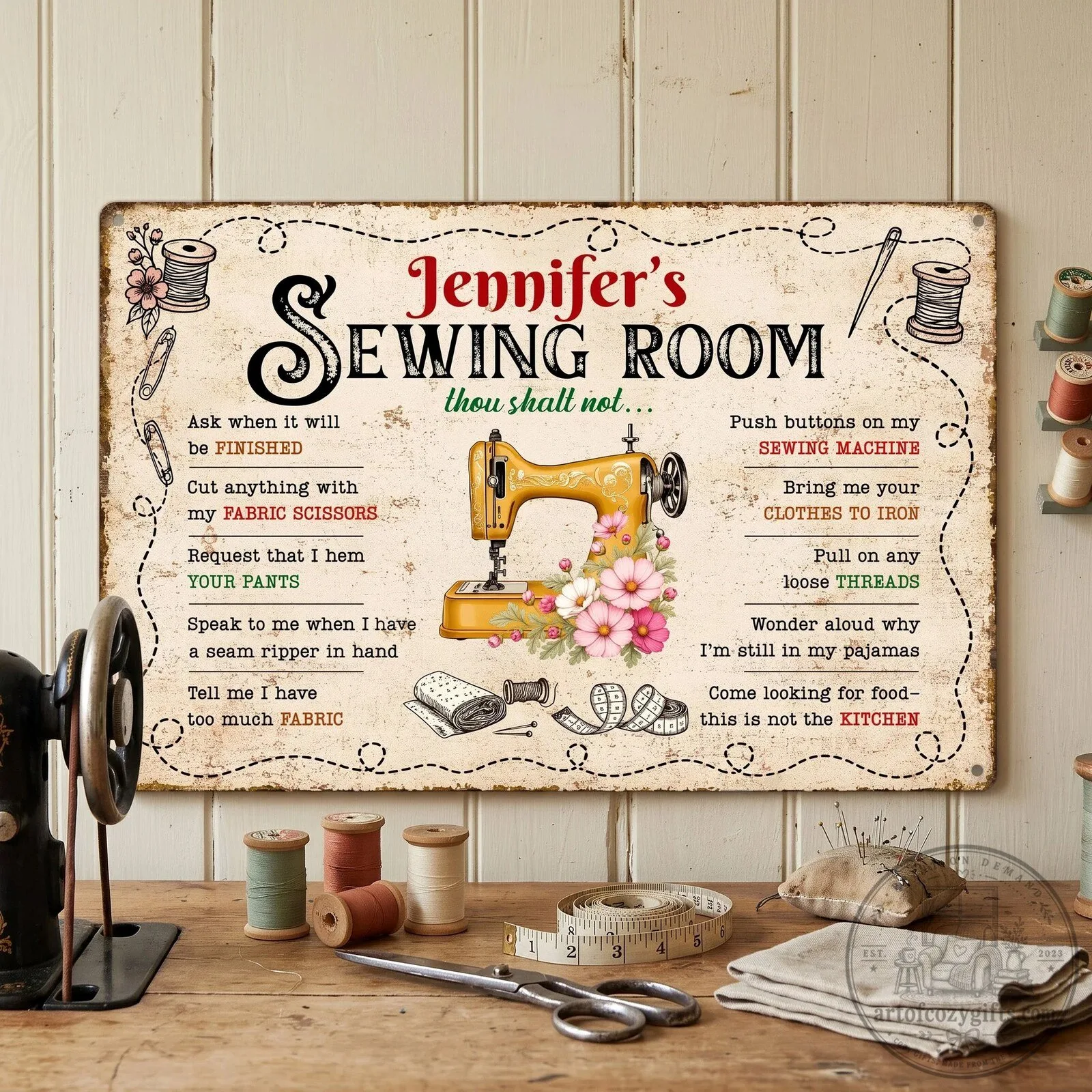 Personalized Jennifer's Sewing Room Thou Shalt Not Rules Vintage Metal Sign