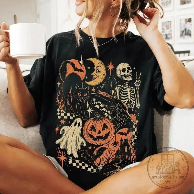 Retro Halloween Black Cat Ghost Skeleton Moon Pumpkin Spooky Vintage T-Shirt 9 Retro Halloween Black Cat Ghost Skeleton Moon Pumpkin Spooky Vintage T-Shirt