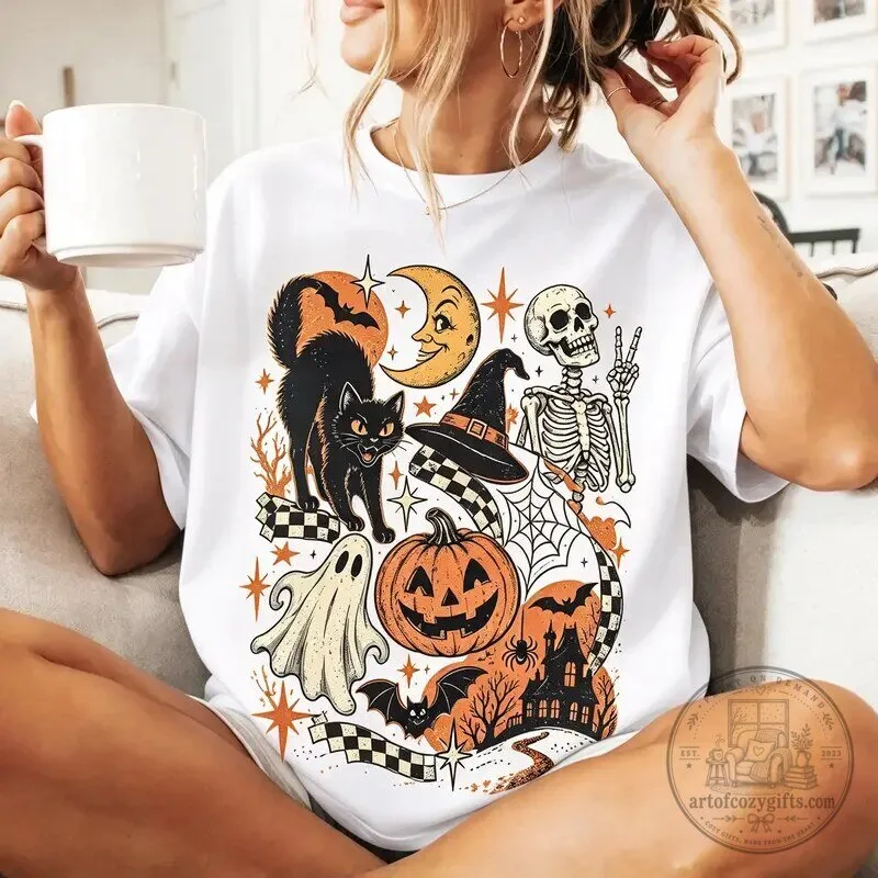Retro Halloween Black Cat Ghost Skeleton Moon Pumpkin Spooky Vintage T-Shirt 10 Retro Halloween Black Cat Ghost Skeleton Moon Pumpkin Spooky Vintage T-Shirt