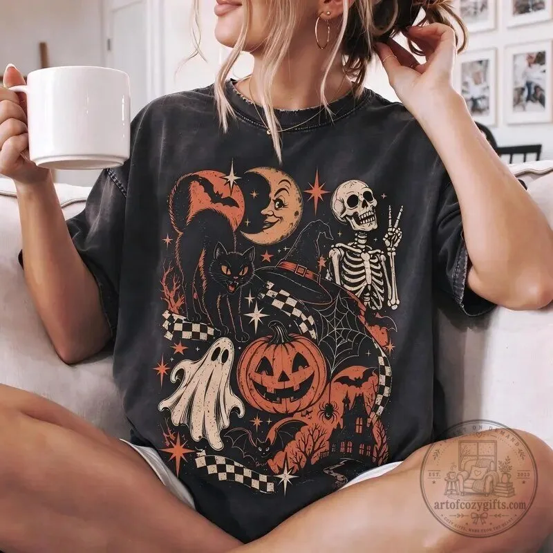 Retro Halloween Black Cat Ghost Skeleton Moon Pumpkin Spooky Vintage T-Shirt 11 Retro Halloween Black Cat Ghost Skeleton Moon Pumpkin Spooky Vintage T-Shirt